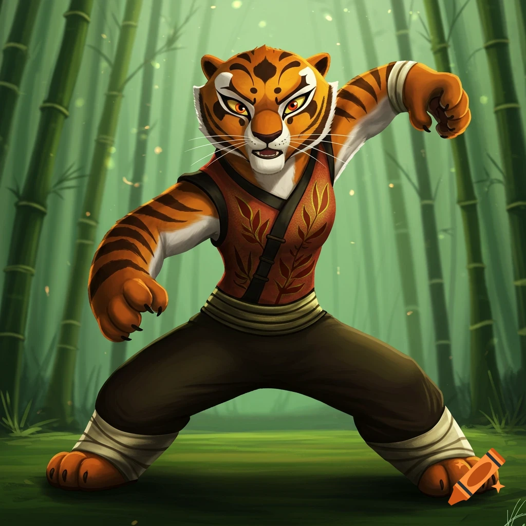 Tigress from Kung Fu Panda in a martial arts stance in a bamboo forest. Digital art.