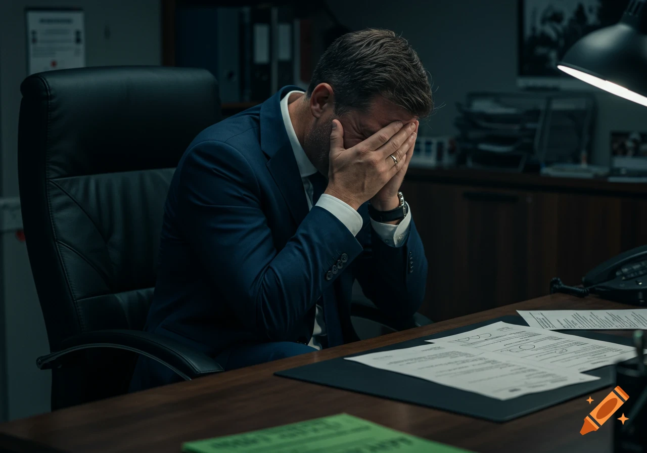 A man in a suit sits in an office chair with his head in his hands, appearing distressed. Photorealistic style.