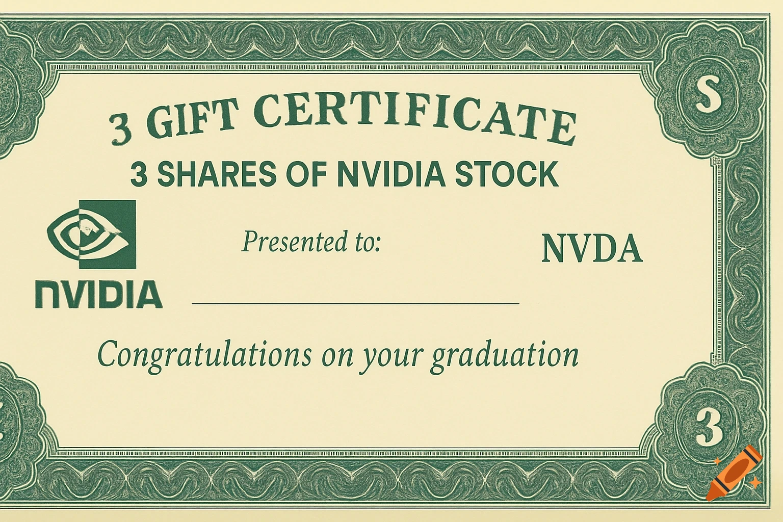 A gift certificate designed like a stock certificate for 3 shares of NVIDIA stock.