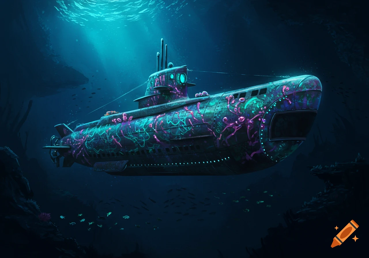 A submarine with glowing patterns floats underwater.