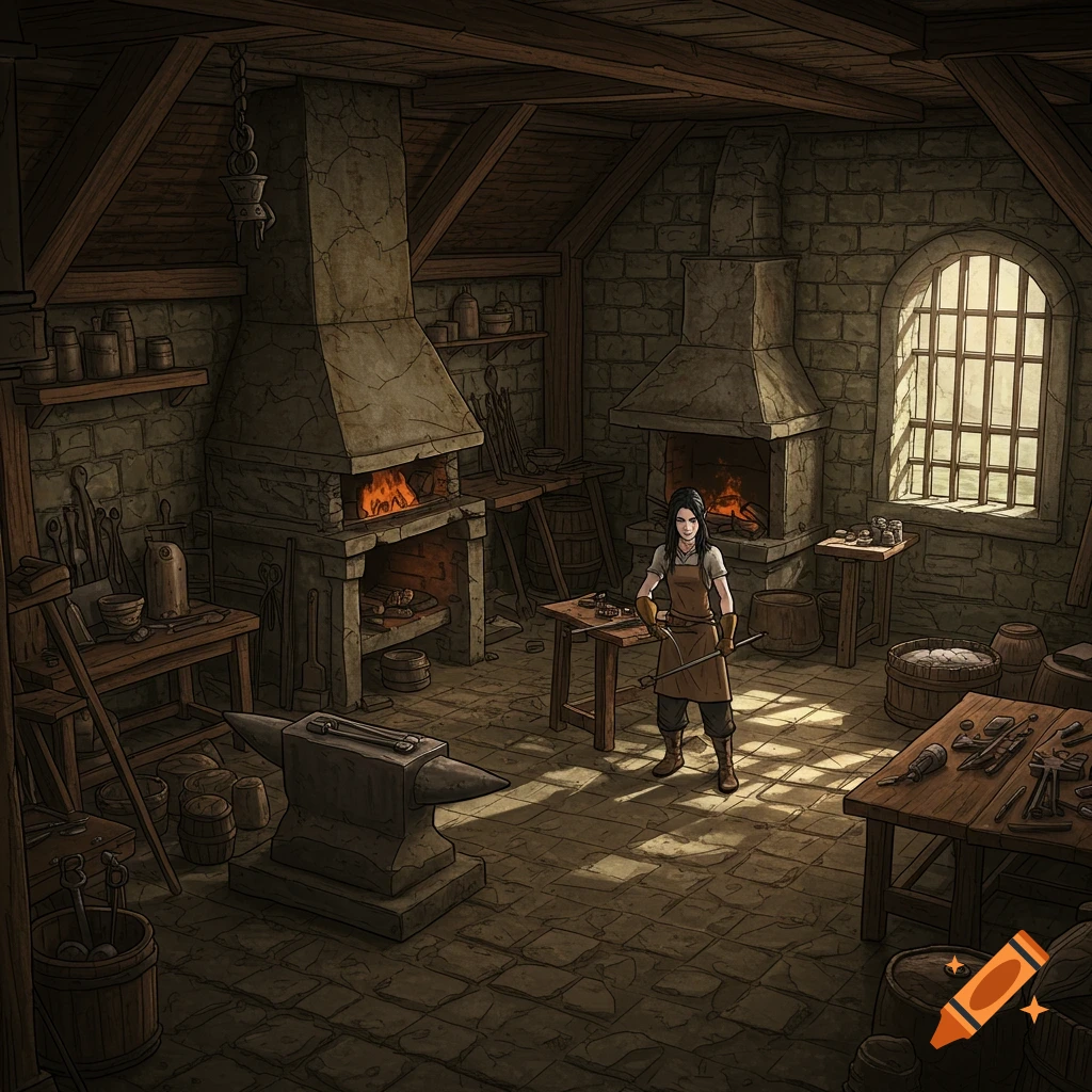 Illustration of an elvish woman blacksmith working in a detailed fantasy smithy.