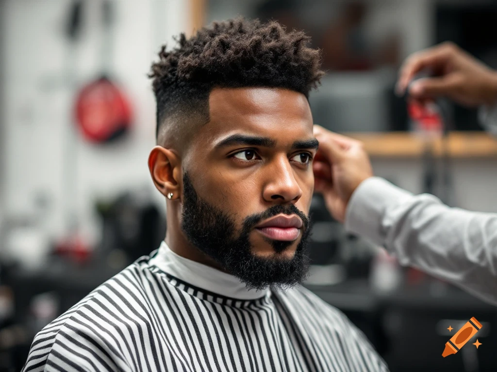 Close-up portrait of a man with a beard getting a haircut in a barbershop.