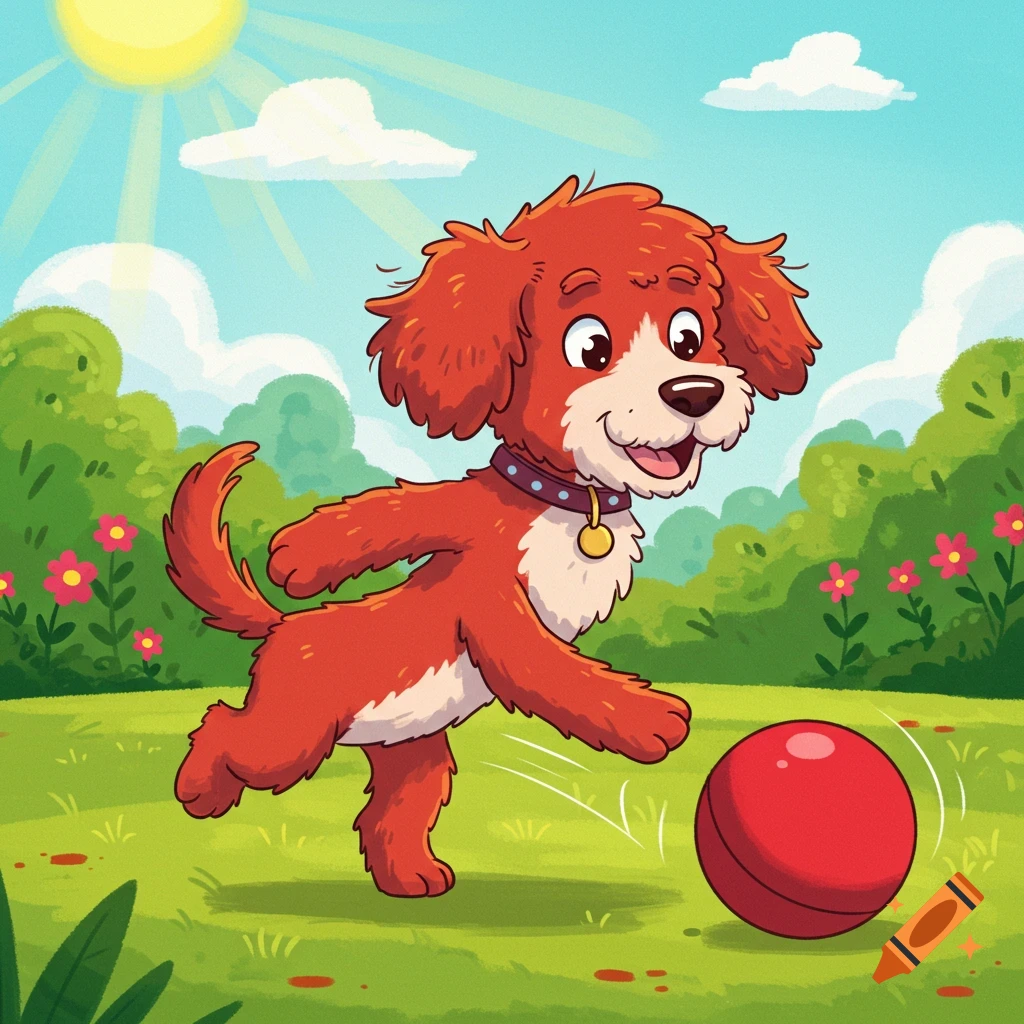 A cartoon red dog with white markings plays with a red ball in a park.
