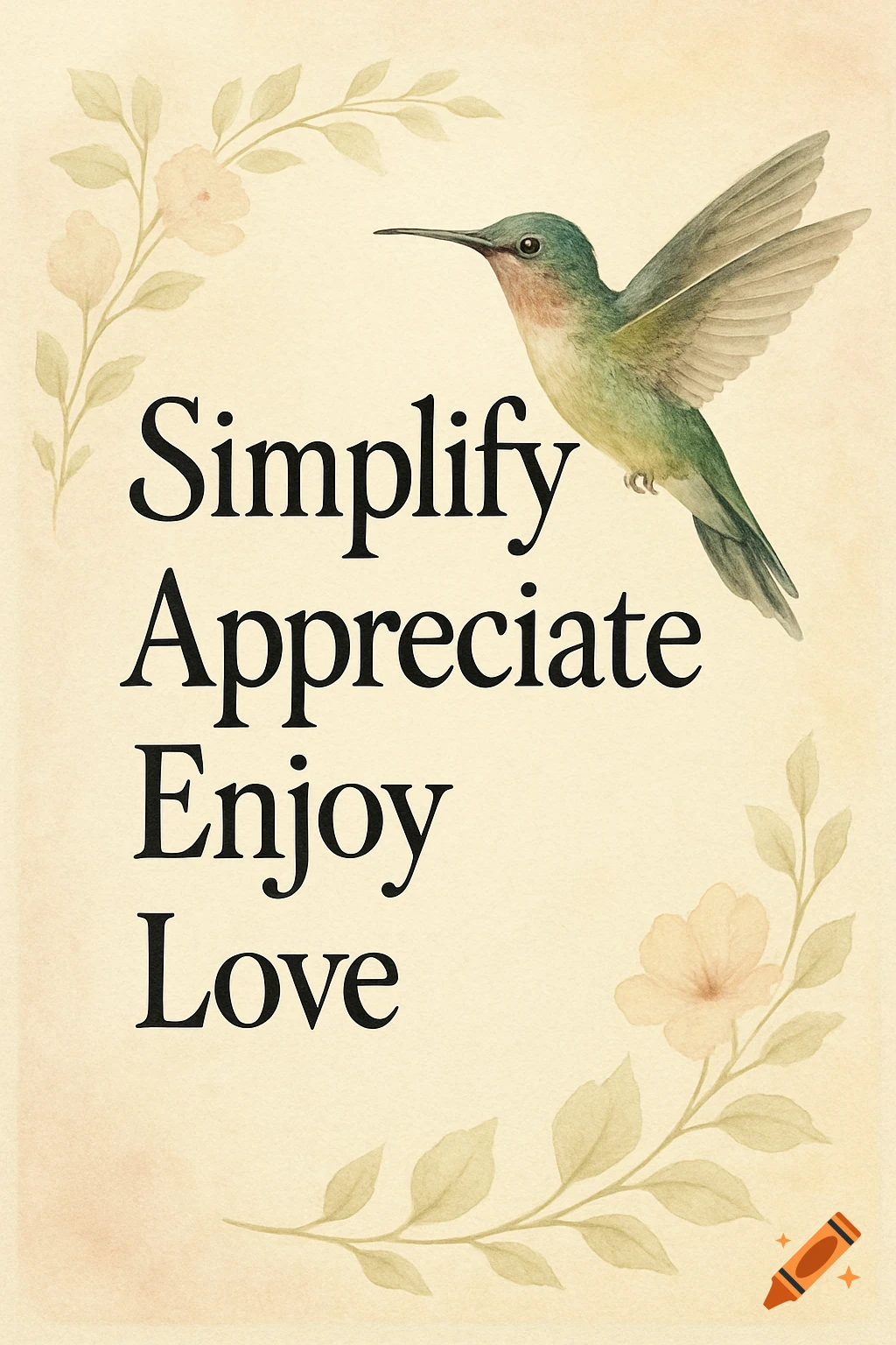 Watercolor illustration of a hummingbird flying near the words Simplify, Appreciate, Enjoy, Love, with floral decorations.