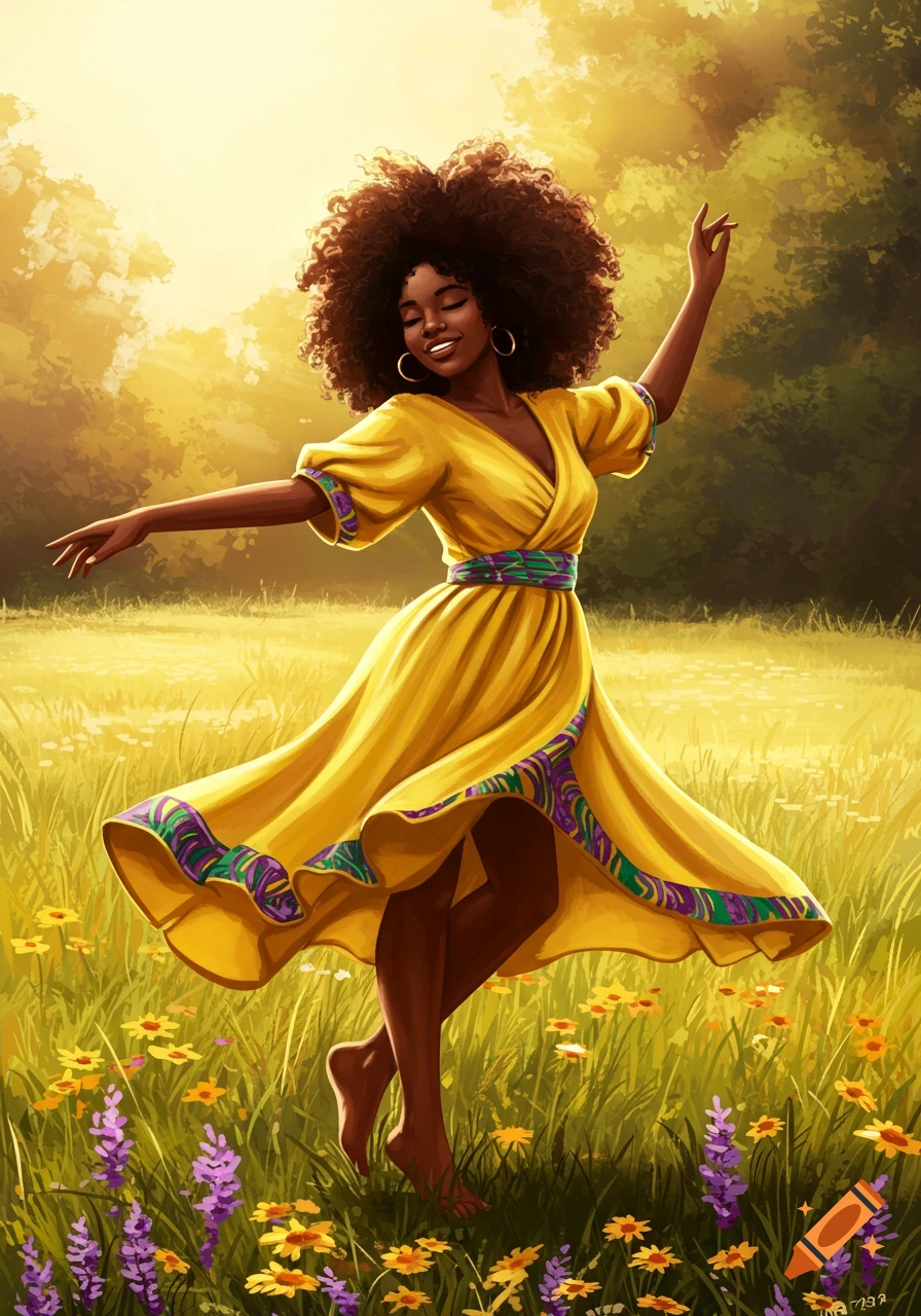 Digital painting of a Black woman with afro dancing barefoot in a sunny field of wildflowers.