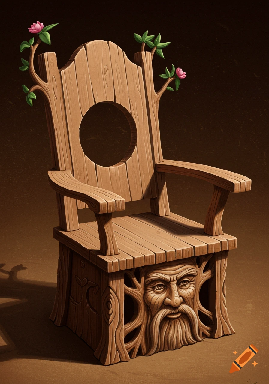 Wooden chair carved with an old man's face and branches with pink flowers, digital painting.