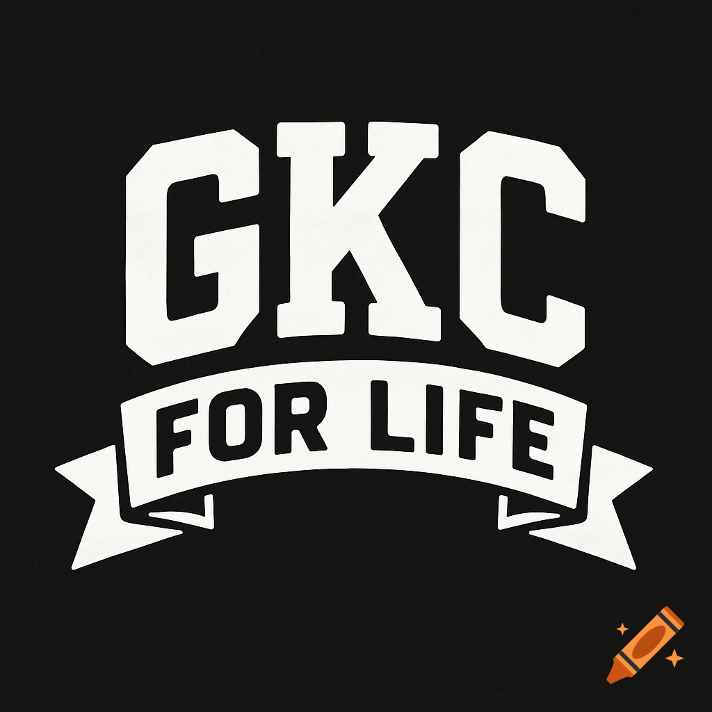 White GKC letters above a ribbon banner with the text FOR LIFE, all on a black background.