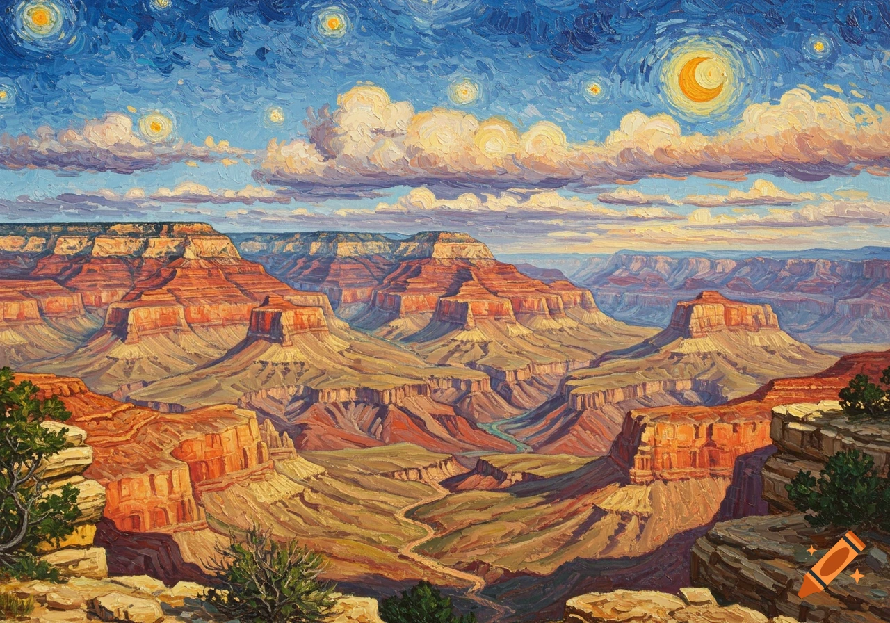 Painting of the Grand Canyon in the style of Van Gogh, with thick brushstrokes depicting the canyon under a swirling starry sky.