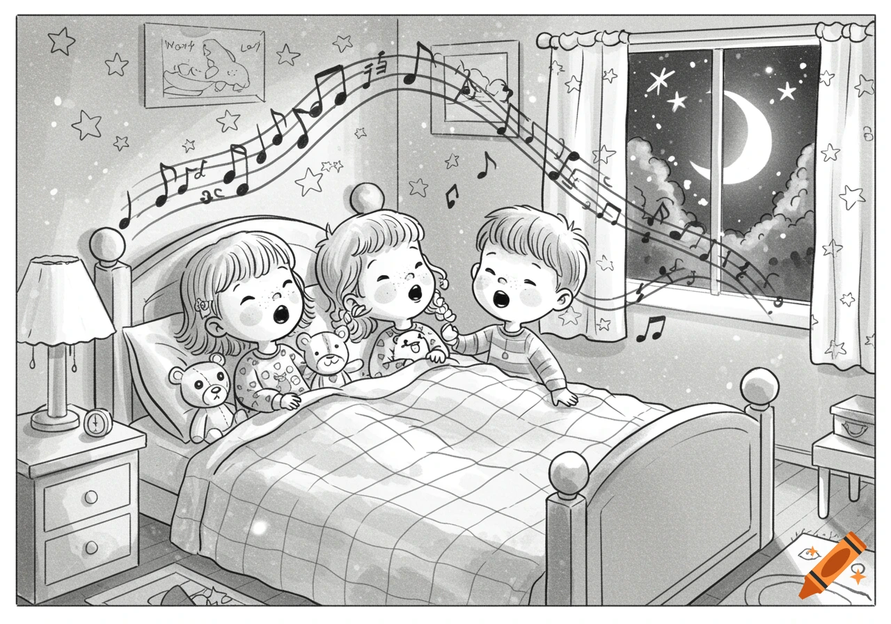 Black and white line drawing of three kids singing in bed at night with musical notes, stars, and a crescent moon.