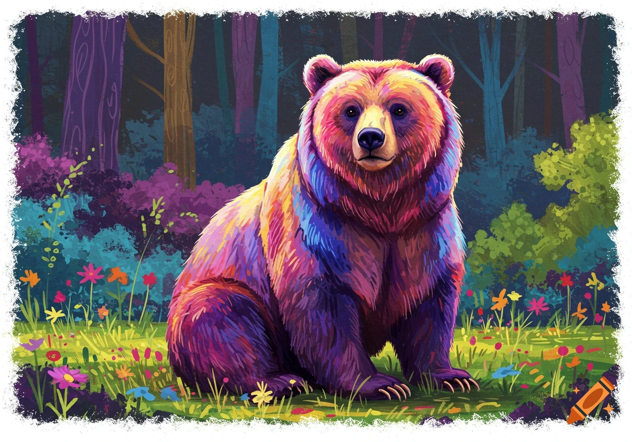 Colorful illustrated bear sitting in a forest meadow.