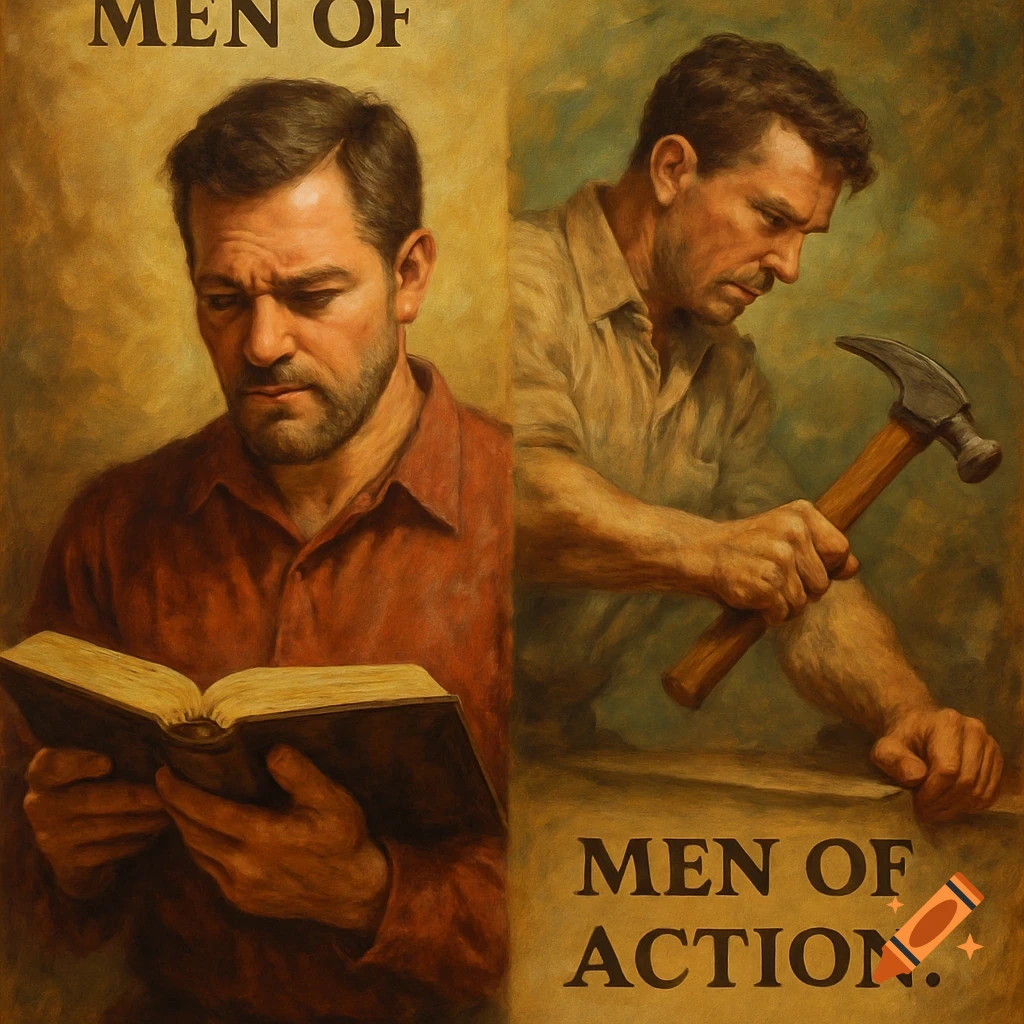 Painting of two men, one reading a book, one holding a hammer, with text MEN OF MEN OF ACTION.