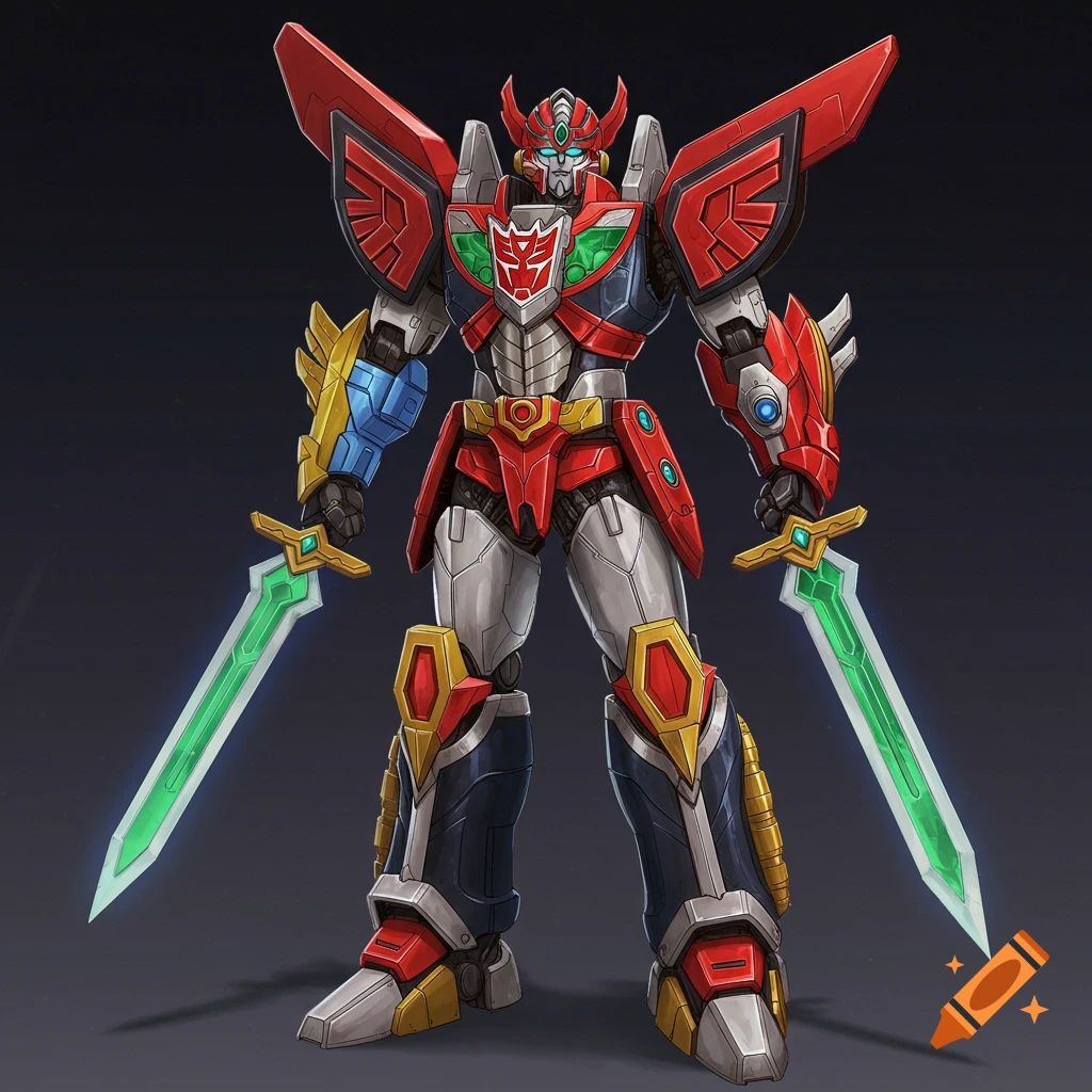 A red, blue, and grey mecha robot with wings stands holding two green energy swords.