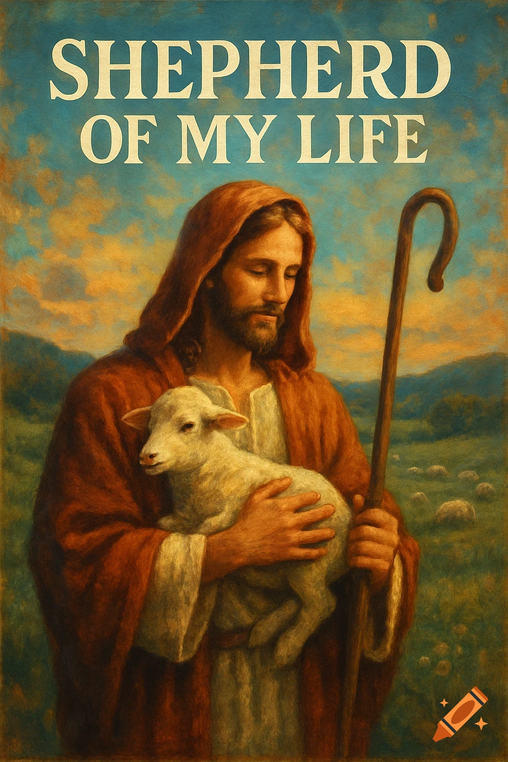 Painting of Jesus holding a lamb in a field, with text 'SHEPHERD OF MY LIFE'.