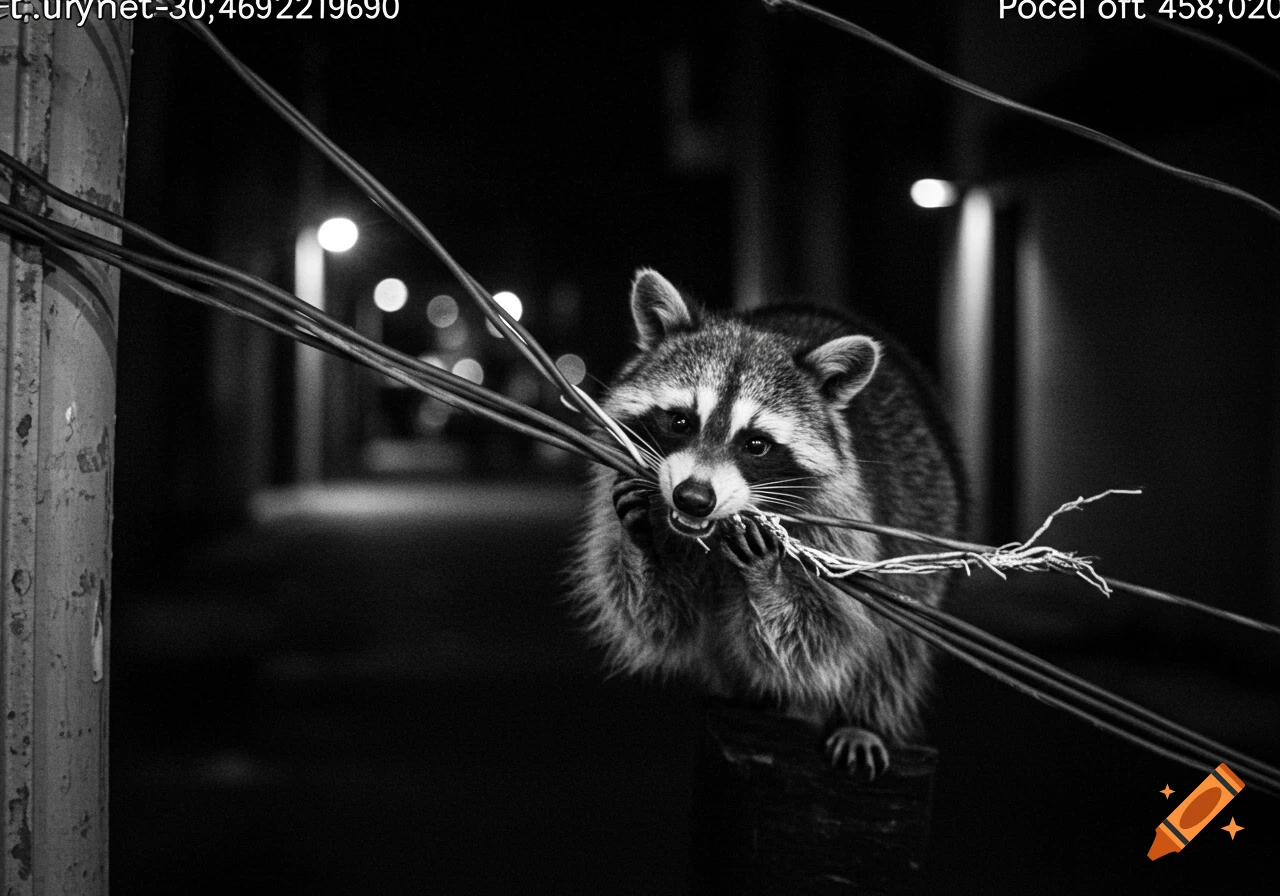 Black and white security camera style image of a raccoon chewing wires on a utility pole at night.