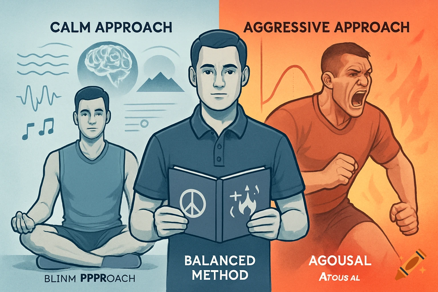 Illustration showing calm, aggressive, and balanced approaches in sports psychology with three figures and text labels.