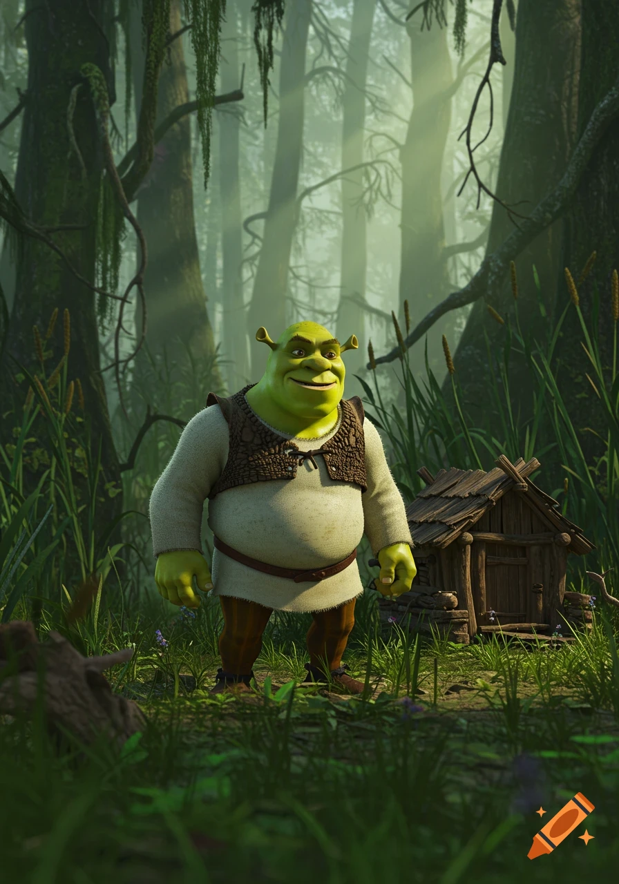 Shrek stands in a foggy swamp near a small wooden hut.
