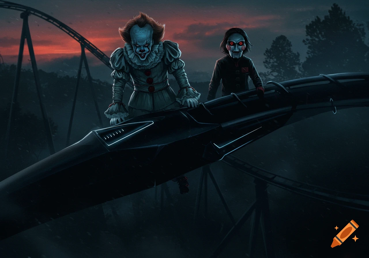 Pennywise and Jigsaw ride a rollercoaster in a dark, atmospheric style.