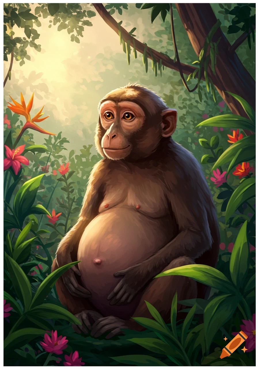 Pregnant monkey sitting in a sunny jungle clearing digital painting
