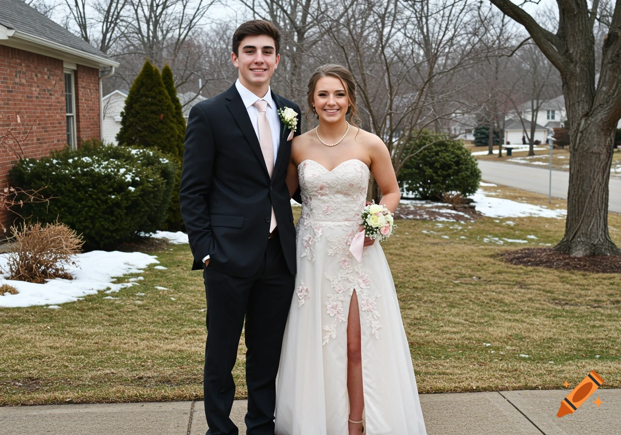 Young couple in formal attire posing outdoors in a suburban yard with patches of snow.