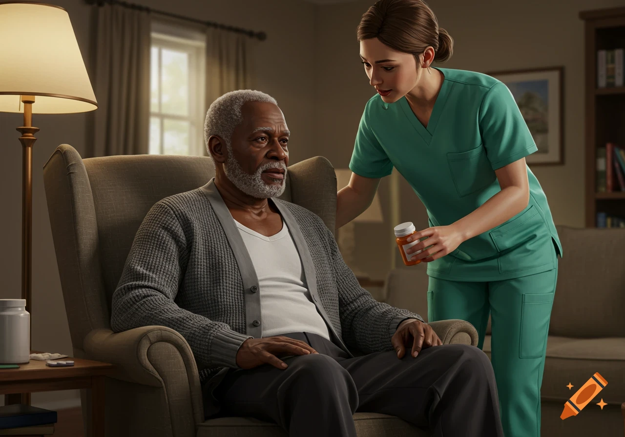 Older Black man in armchair receives pill bottle from home health aide in green scrubs. Photorealistic.