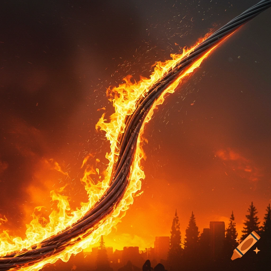 A thick cable burns brightly against an orange sky with a silhouetted city skyline in the background.