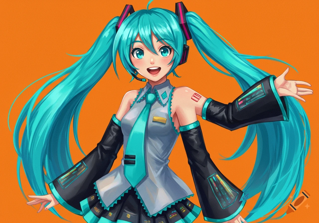 An anime-style illustration of Hatsune Miku smiling, with bright turquoise pigtails and her signature outfit, against an orange background.