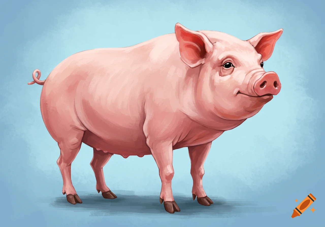 A pink pig stands against a blue background in an illustration style.