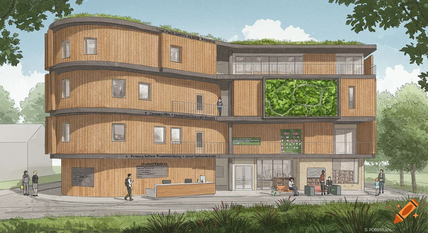 A watercolor illustration of a modern academic building with a curved wooden facade, green roof, and surrounding landscape.