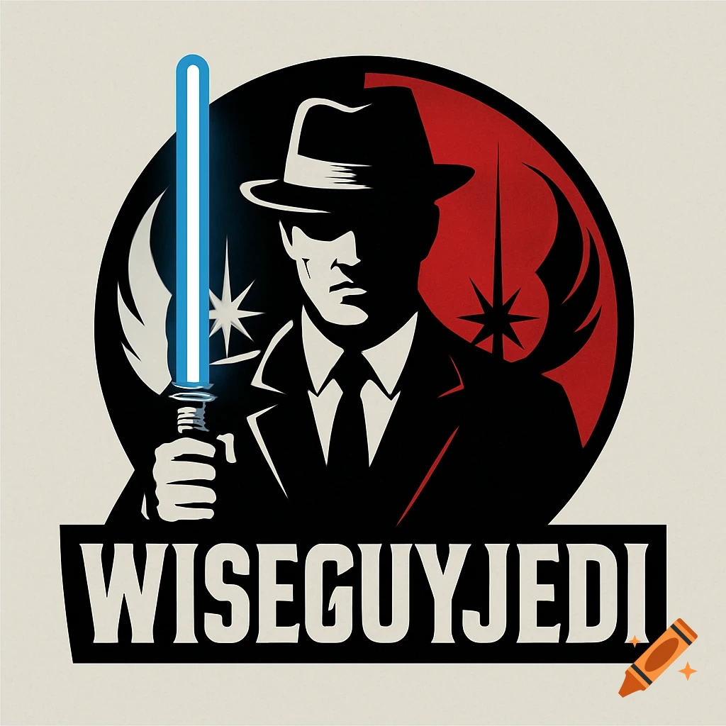 Stylized logo of a man in a fedora and suit holding a blue lightsaber against a red and black background. Text below reads WISEGUYJEDI.