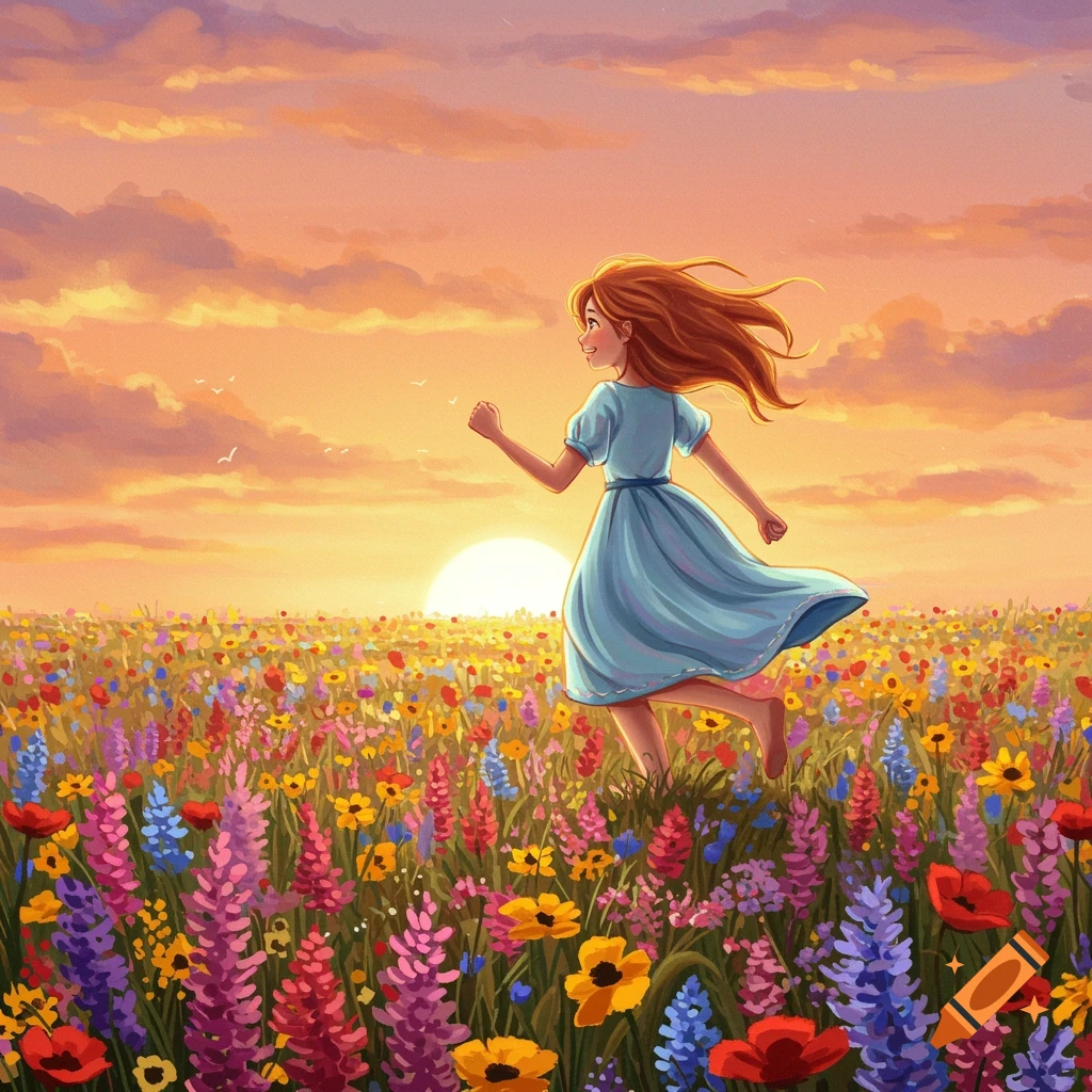 A girl runs through a field of colorful wildflowers at sunset in a painted style.