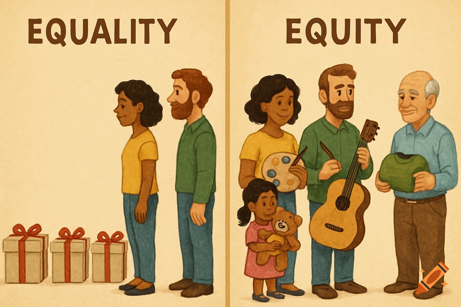 Illustration showing equality (identical gifts for everyone) vs. equity (tailored gifts).