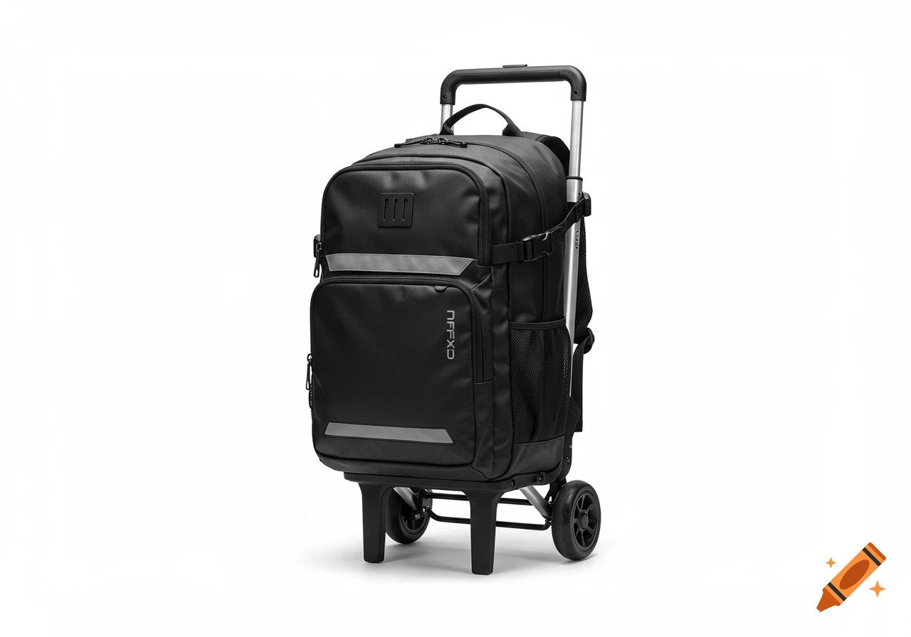 Sleek black rolling backpack on white background
