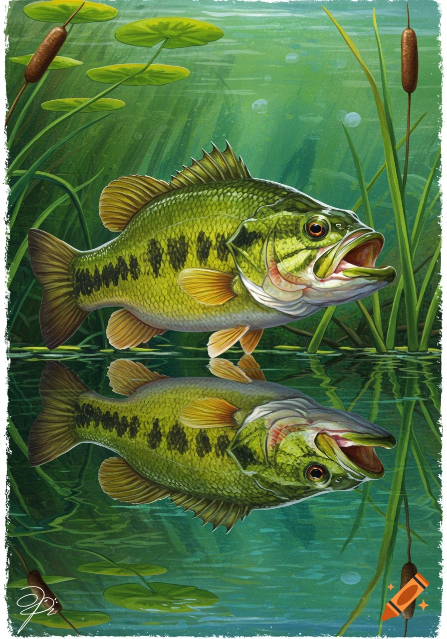 Illustration of a largemouth bass swimming underwater surrounded by lily pads and reeds, with a reflection.