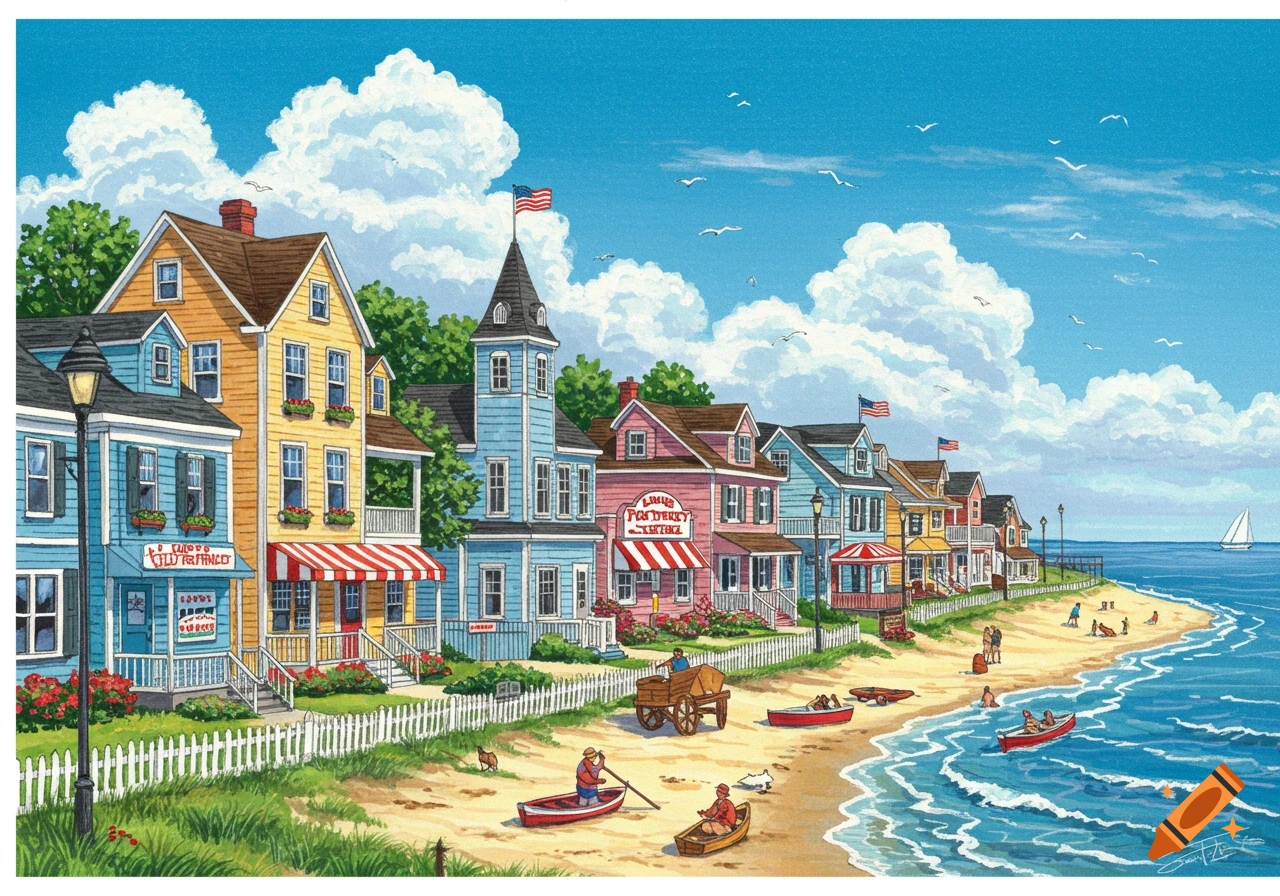 A colorful illustration of a coastal town along a sandy beach with people, boats, and white picket fences.