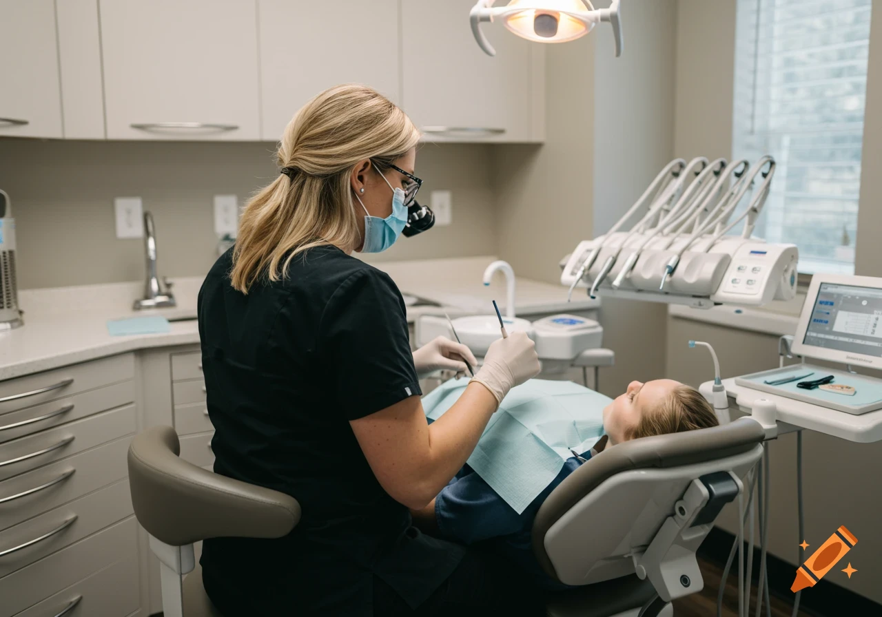 A dental hygienist works on a patient in a dental office, seen from behind.