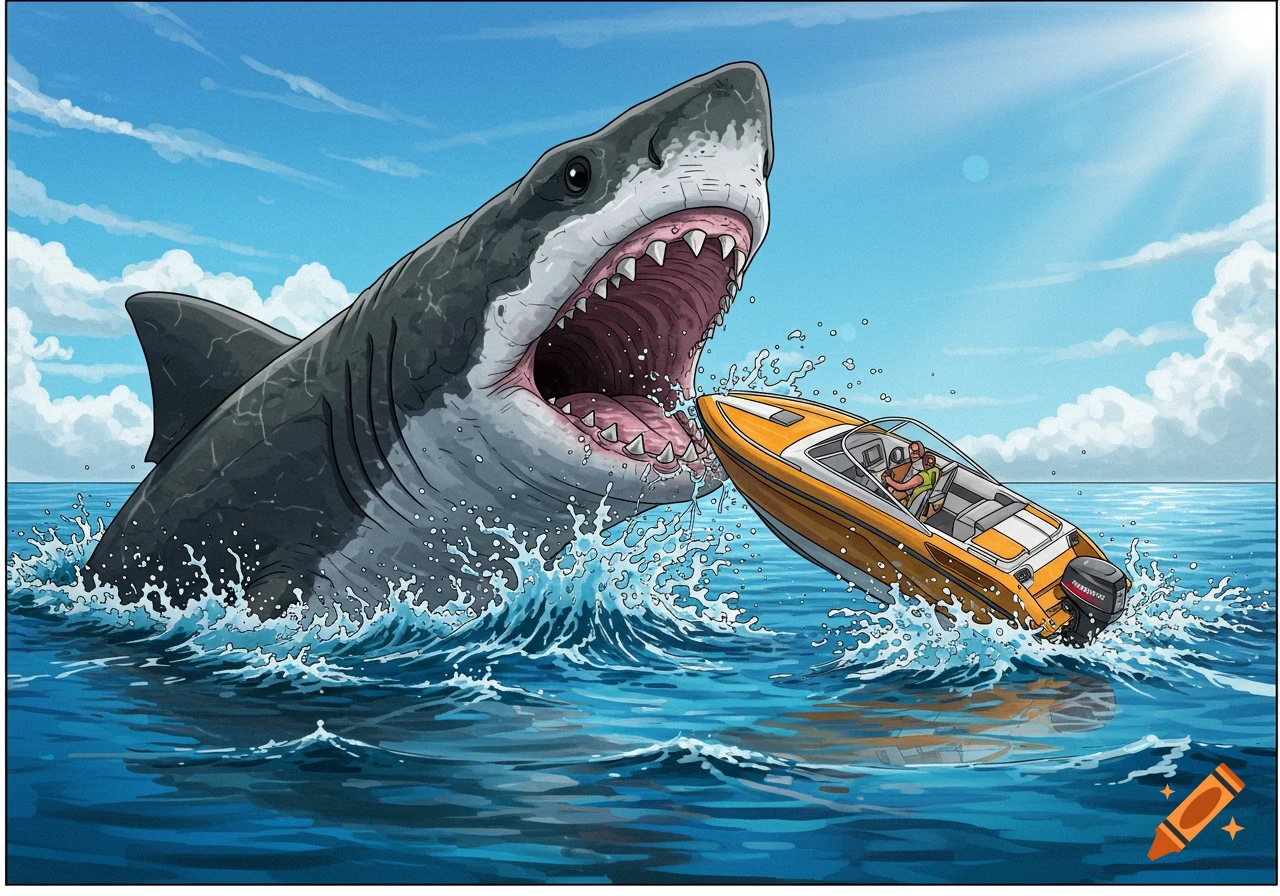 A large shark with its mouth open is biting a speedboat carrying two people in the ocean. Stylized illustration.