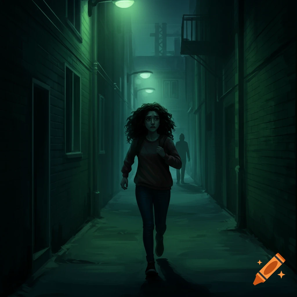 A person runs in fear down a dark alley, pursued by a figure under green streetlights.