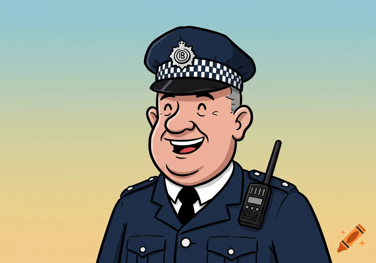 Cartoon portrait of a smiling police officer in uniform with a radio