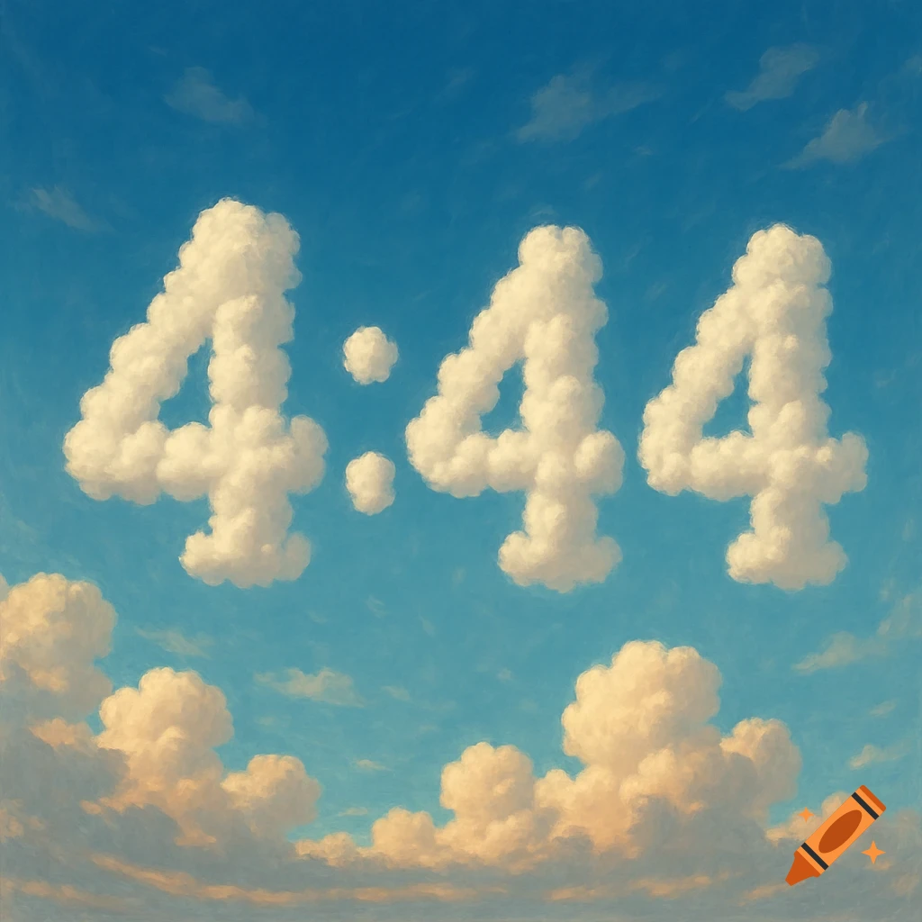 Clouds forming the numbers 4:44 in a blue sky with other clouds below.