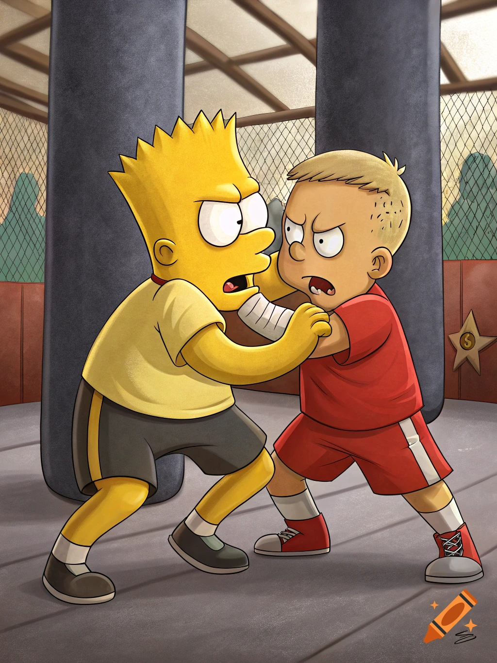 Bart Simpson and Bobby Hill boxing in a gym.