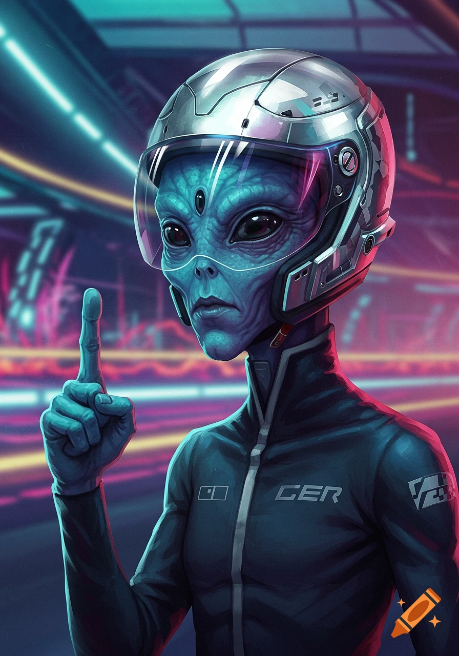 A blue alien in a silver racing helmet points up in a neon futuristic setting.