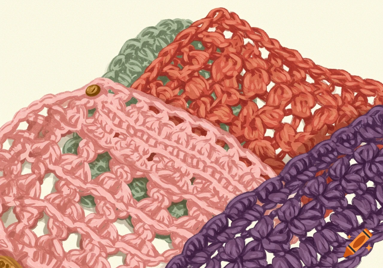 Painterly close-up of pink, red, green, and purple crochet swatches.