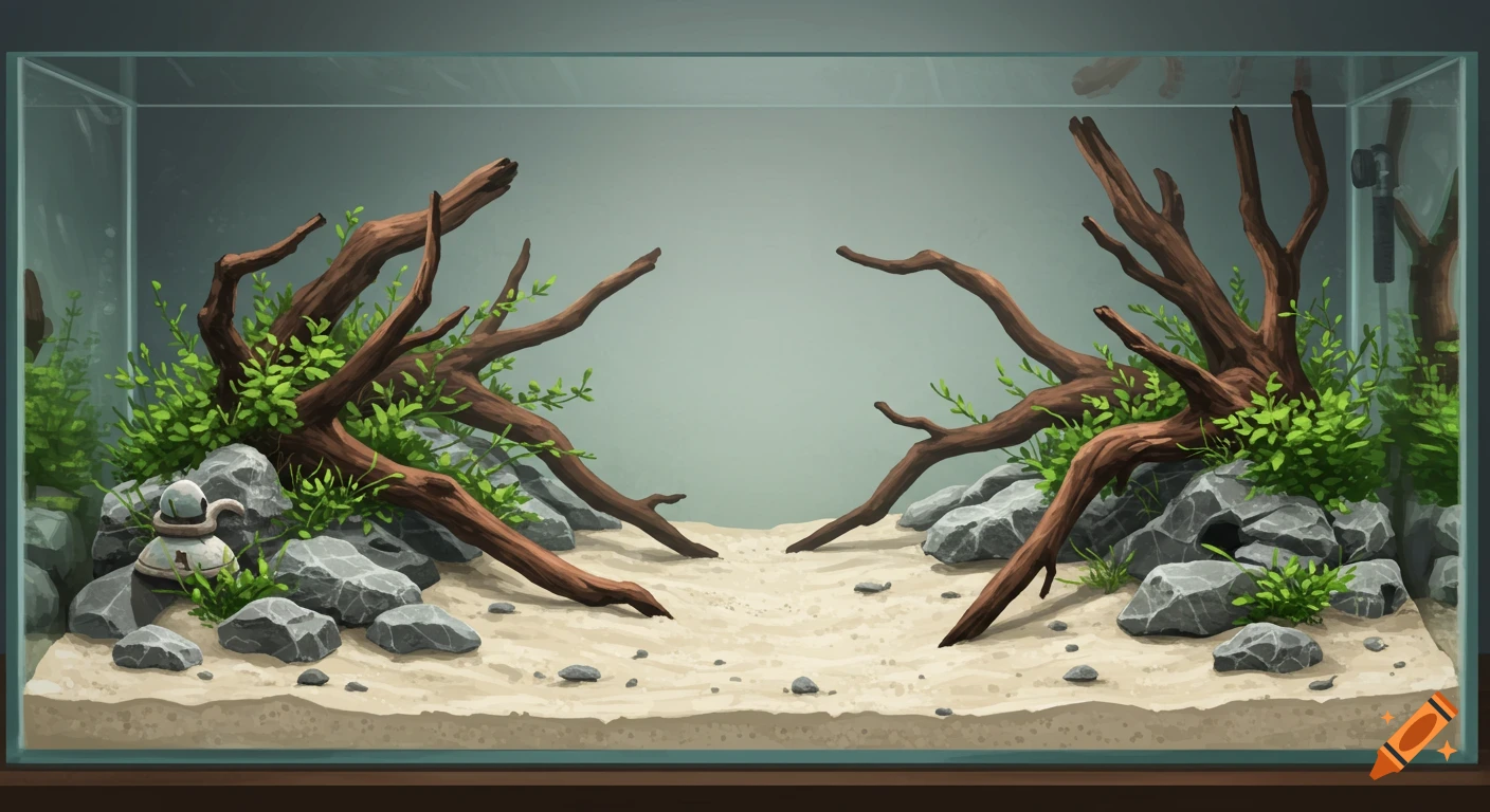 Digital painting of an empty aquarium tank hardscape with driftwood, rocks, sand, and plants.