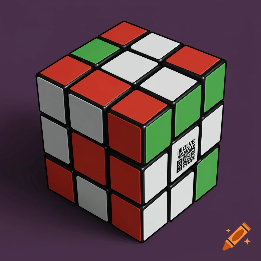 A Rubik's cube showing red, white, and green faces, with 'OLVE' text and a QR code on one face.