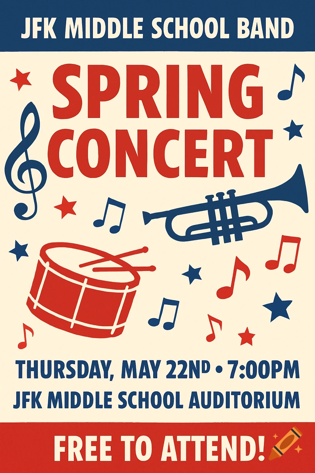 A red, white, and blue flyer for the JFK Middle School Band Spring Concert featuring text, musical instruments, notes, and stars.