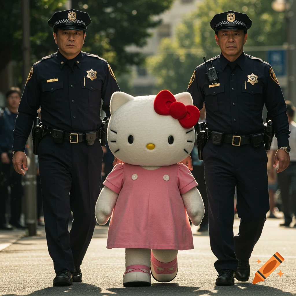Hello Kitty walks between two police officers on a street.