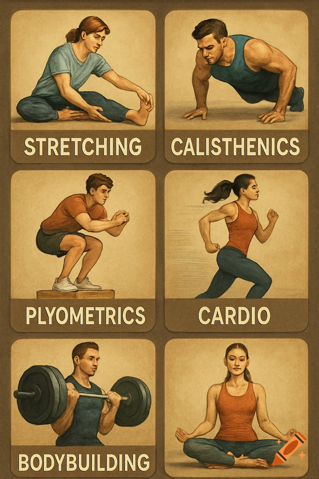 Illustration showing 6 panels of different exercises: stretching, calisthenics, plyometrics, cardio, bodybuilding, and yoga.