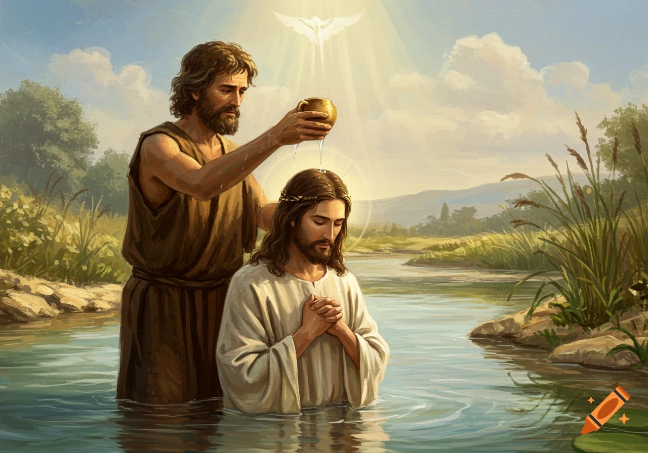 Painting of John the Baptist baptizing Jesus in a river with a dove above.