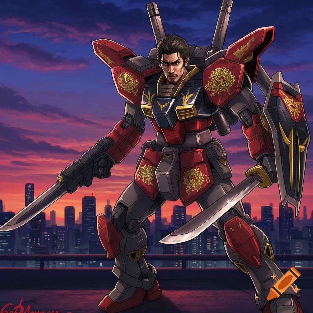 A character resembling Majima from Yakuza in red and black mecha armor stands on a rooftop at sunset, holding swords.