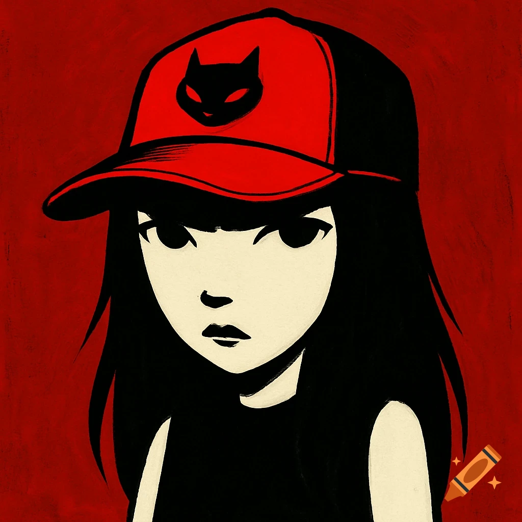 Stylized portrait of a girl wearing a red and black cap with a black cat logo.